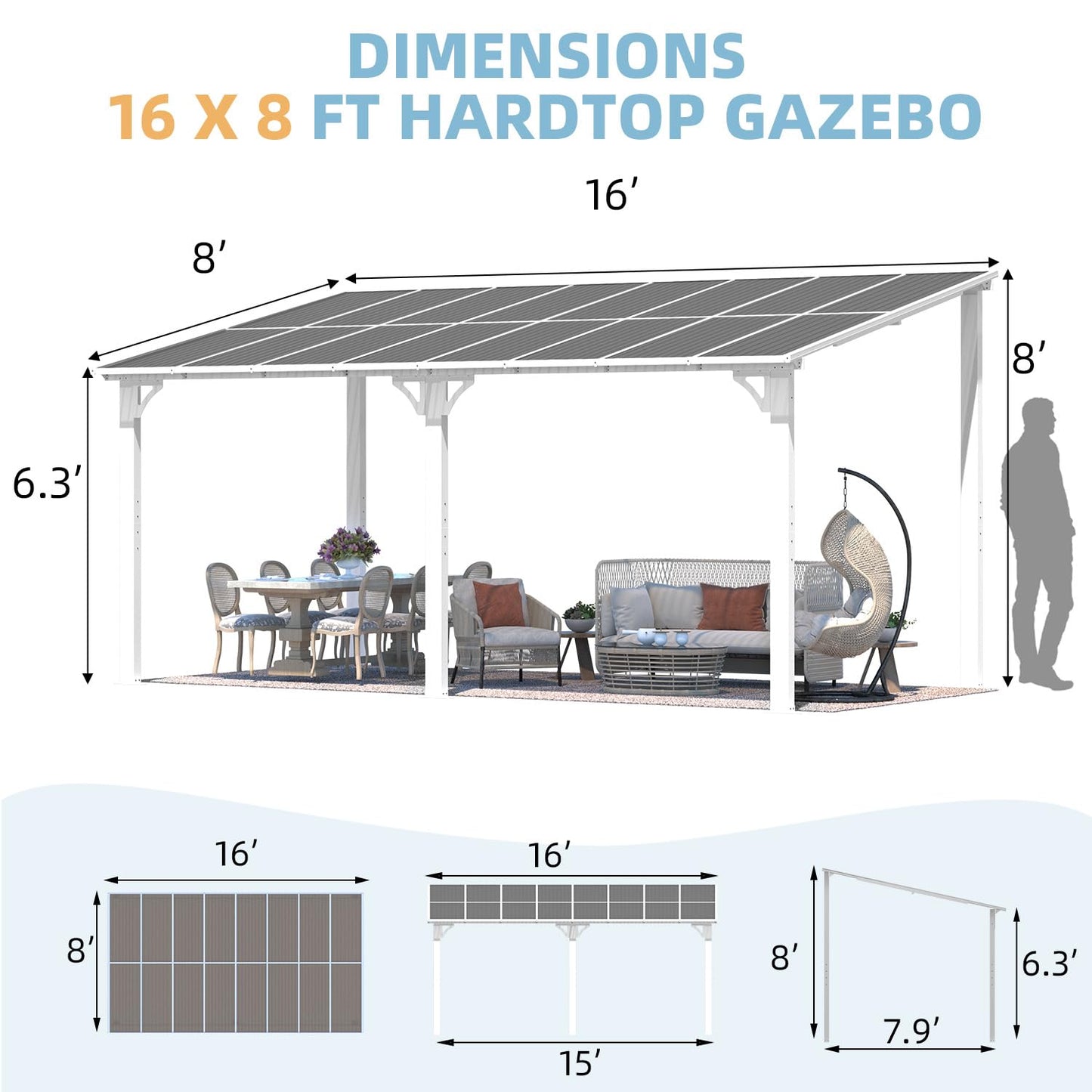 YODOLLA 16'x8' Wall Mounted Gazebos Pergola, White