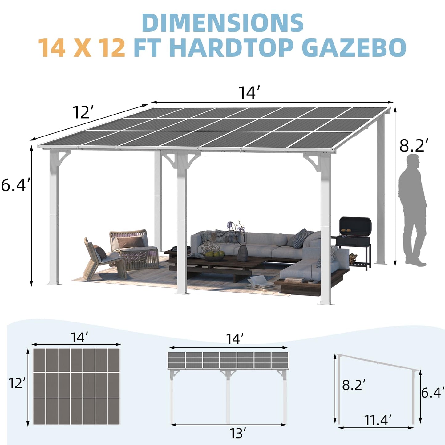 YODOLLA 14'x12' Wall Mounted Gazebos Pergola, White