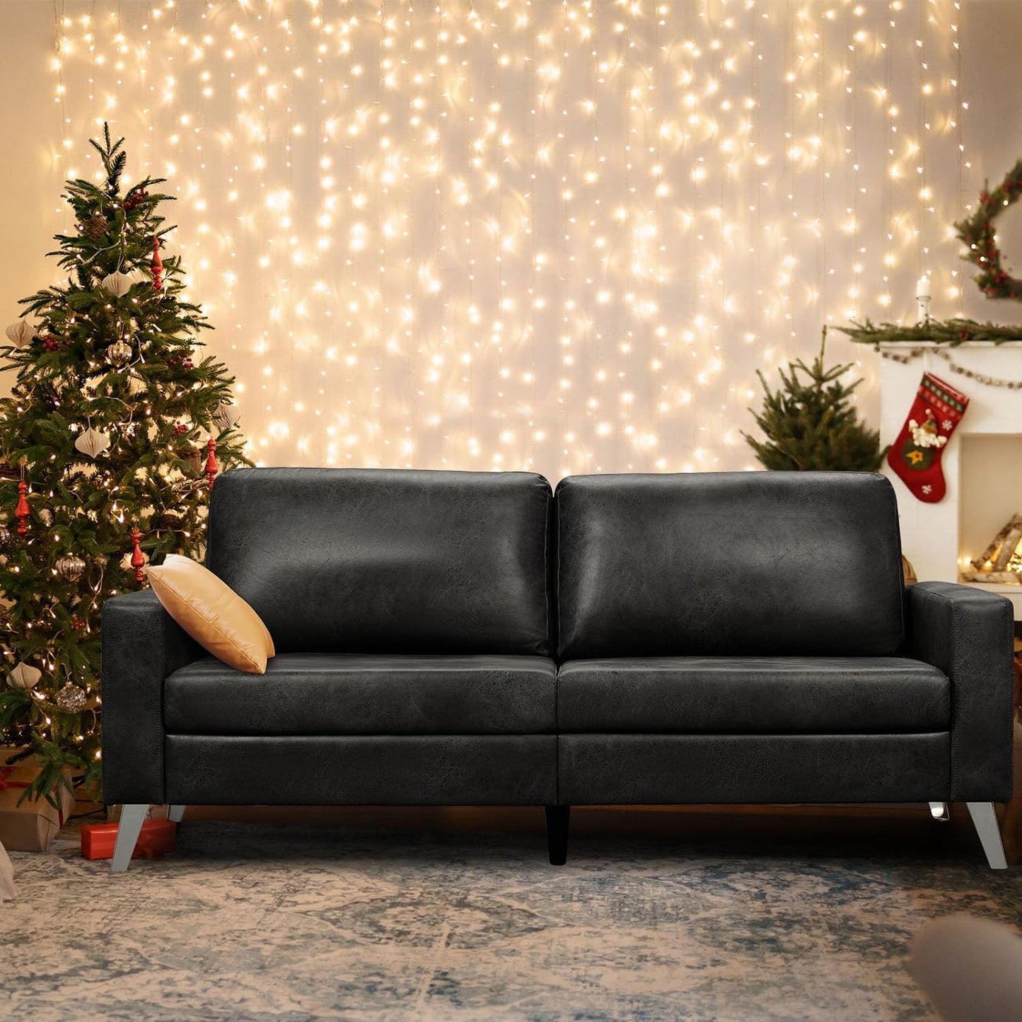 YODOLLA 79 Inch Sofa Couch for Living Room, Faux Leather, Black