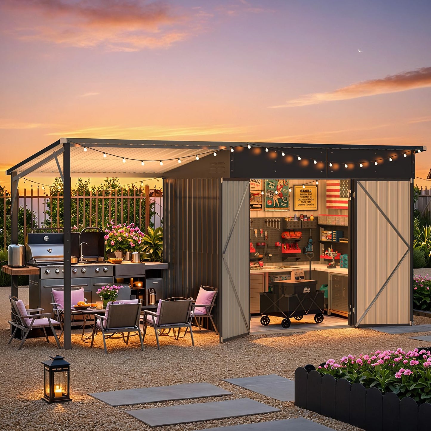 YODOLLA 14' x 5' Outdoor Open-Sided Metal Storage Shed