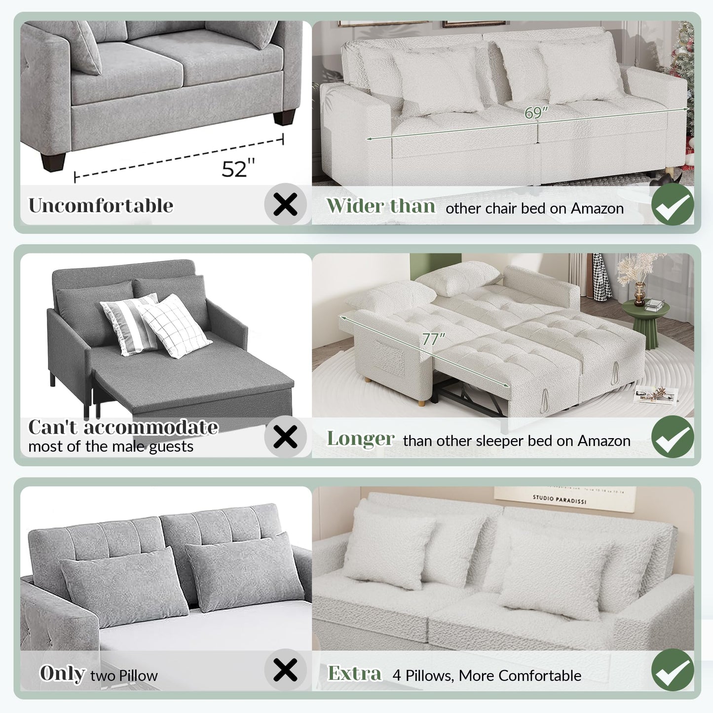 YODOLLA Comfortable 3-1 Convertible Sofa Bed,Teddy White