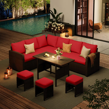 YODOLLA 7-Pc Patio Set, Brown Rattan & Red Cushion