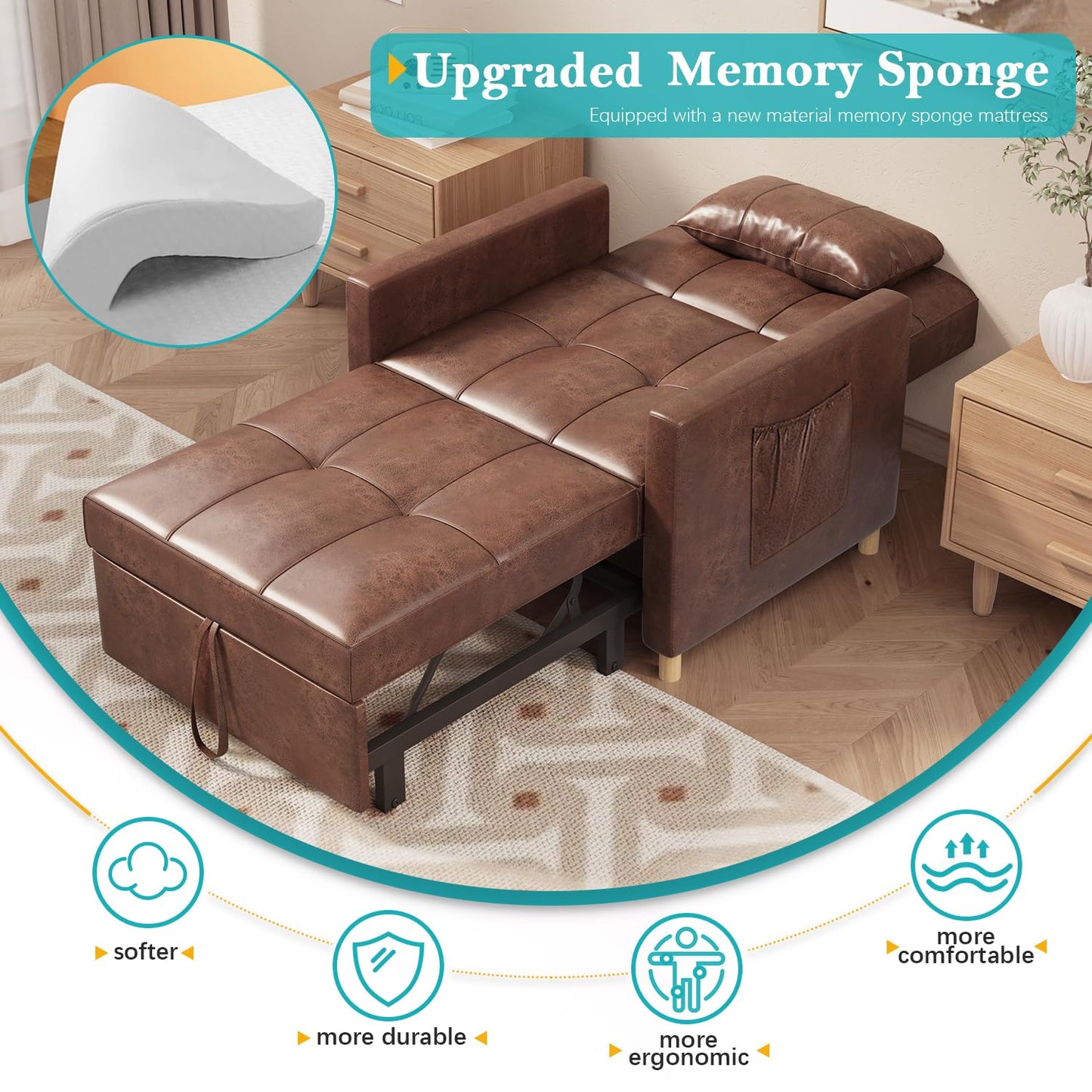 YODOLLA 3 in 1 Chair Bed Sleeper for Adults, Brown