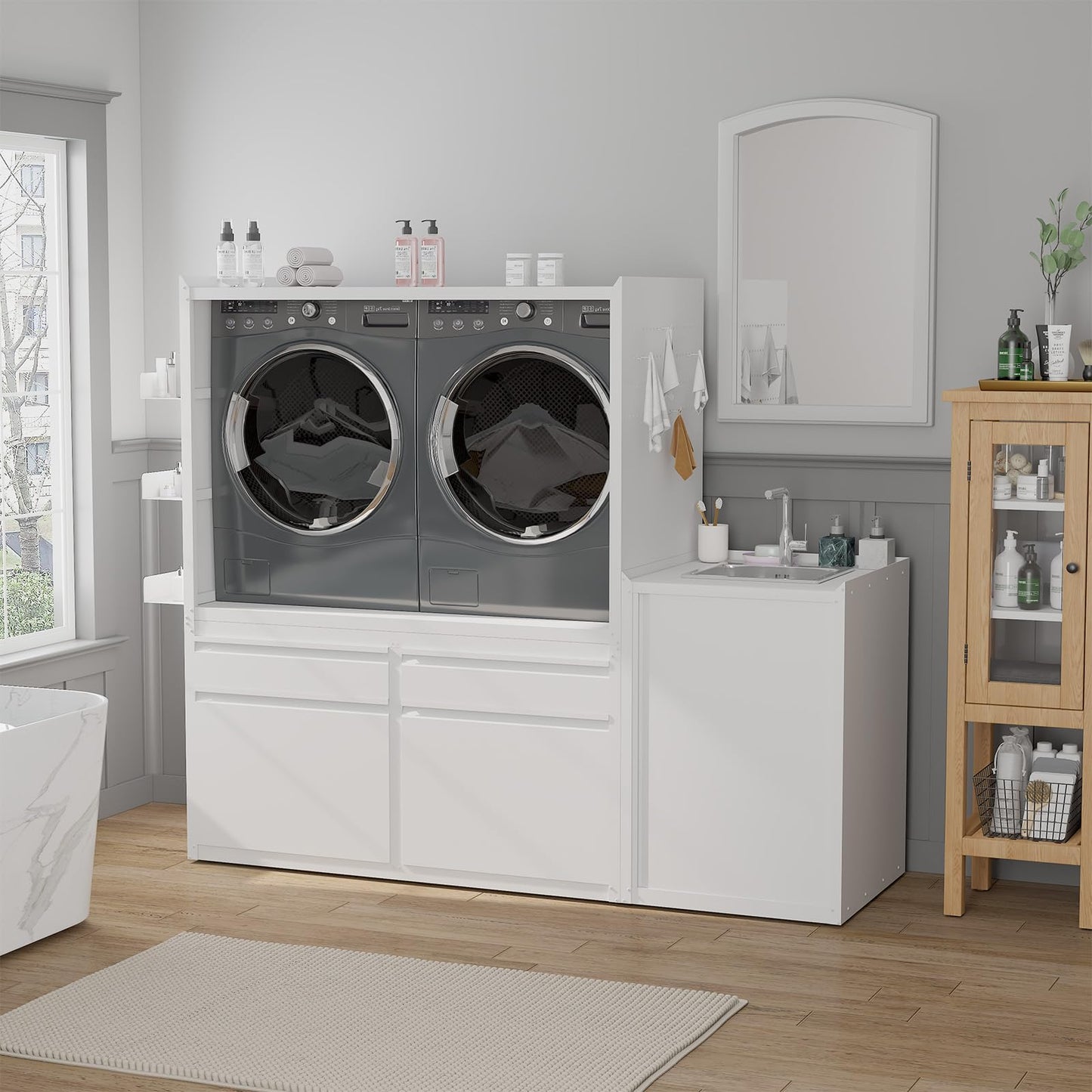 YODOLLA Laundry Pedestal with Sink Cabinet for 2 Washer and Dryer
