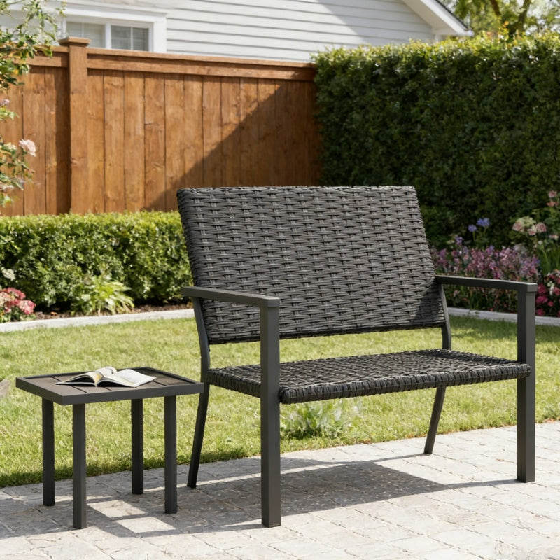 YODOLLA Outdoor Dining Set, Metal Frame Patio 2PCS (Rattan Back Bench+Side Table)
