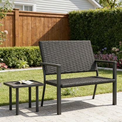 YODOLLA Outdoor Dining Set, Metal Frame Patio 2PCS (Rattan Back Bench+Side Table)