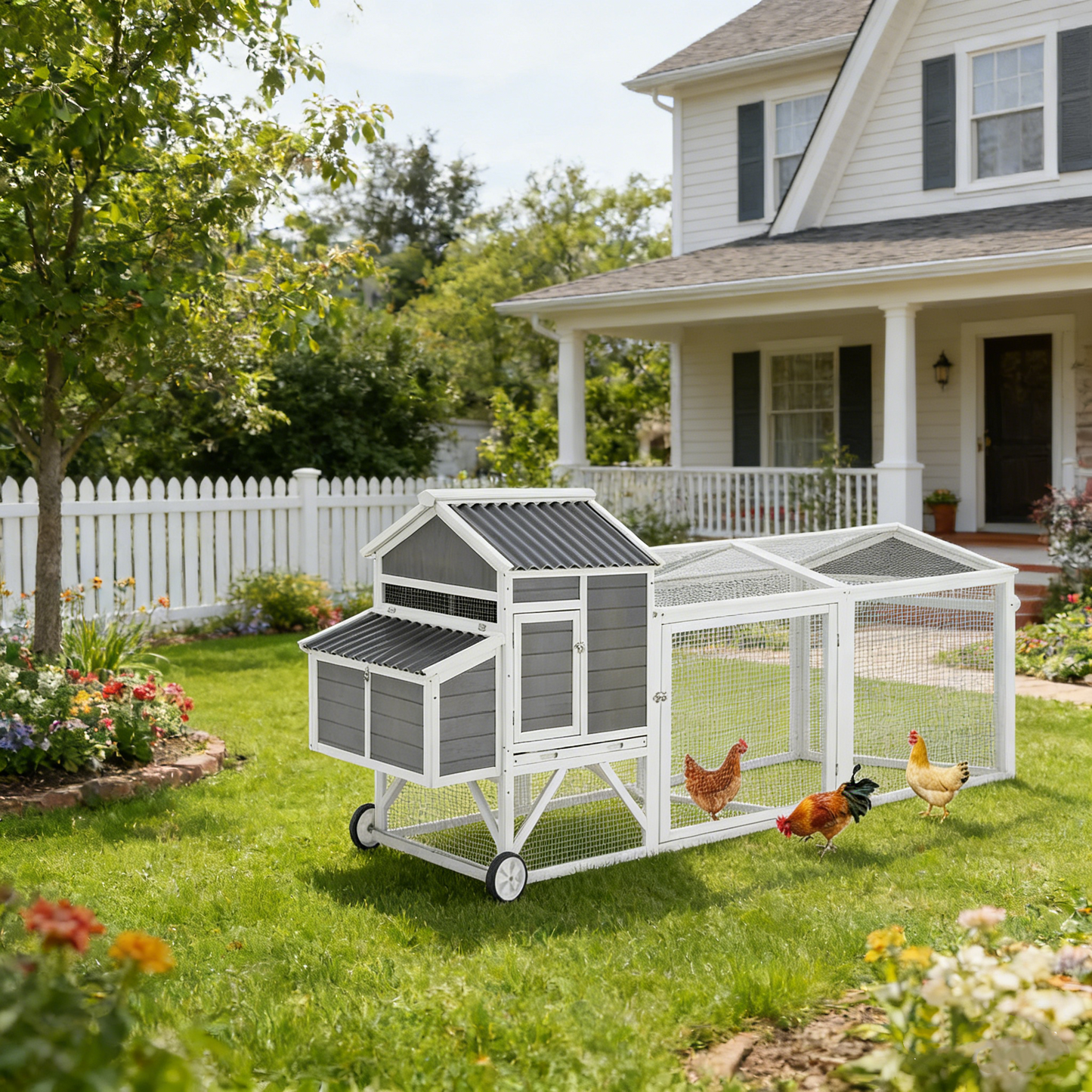 YODOLLA 95" Wooden Chicken Coop with Wheels Chicken Hutch Tractor, Gray