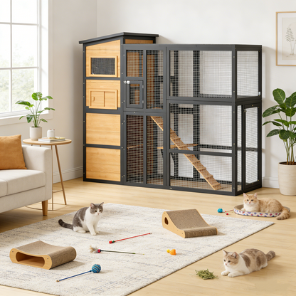 YODOLLA Large Spacious Cat Cage With Weatherproof Roof, Coffee