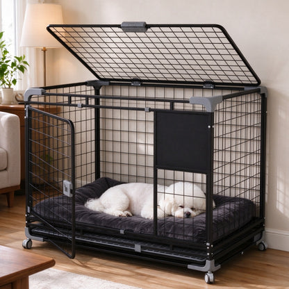 YODOLLA 36" Metal Wire Dog Crate for Medium Dogs with Wheels, Black