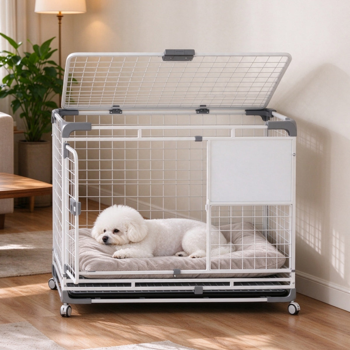 YODOLLA 36" Metal Wire Dog Crate for Medium Dogs with Wheels, White