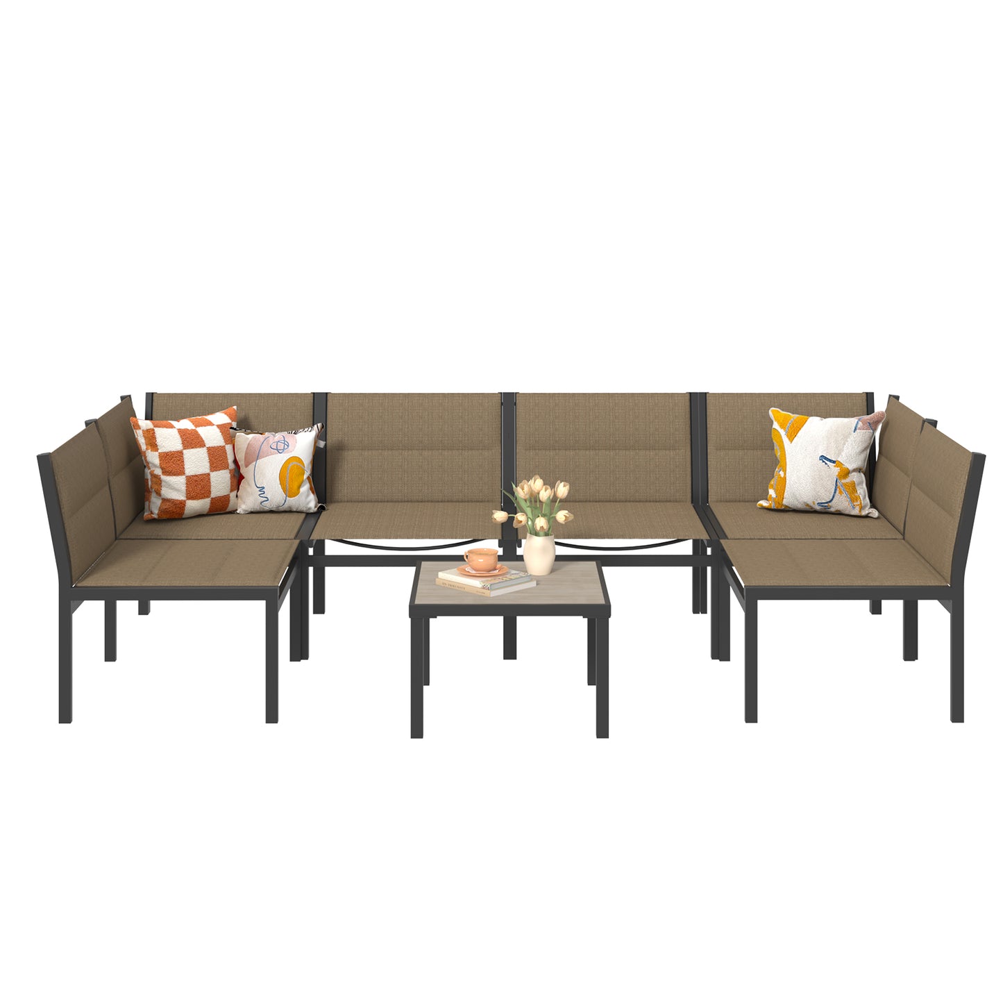 YODOLLA 7-Pc Sectional Patio Set Textilene Fabric, Brown