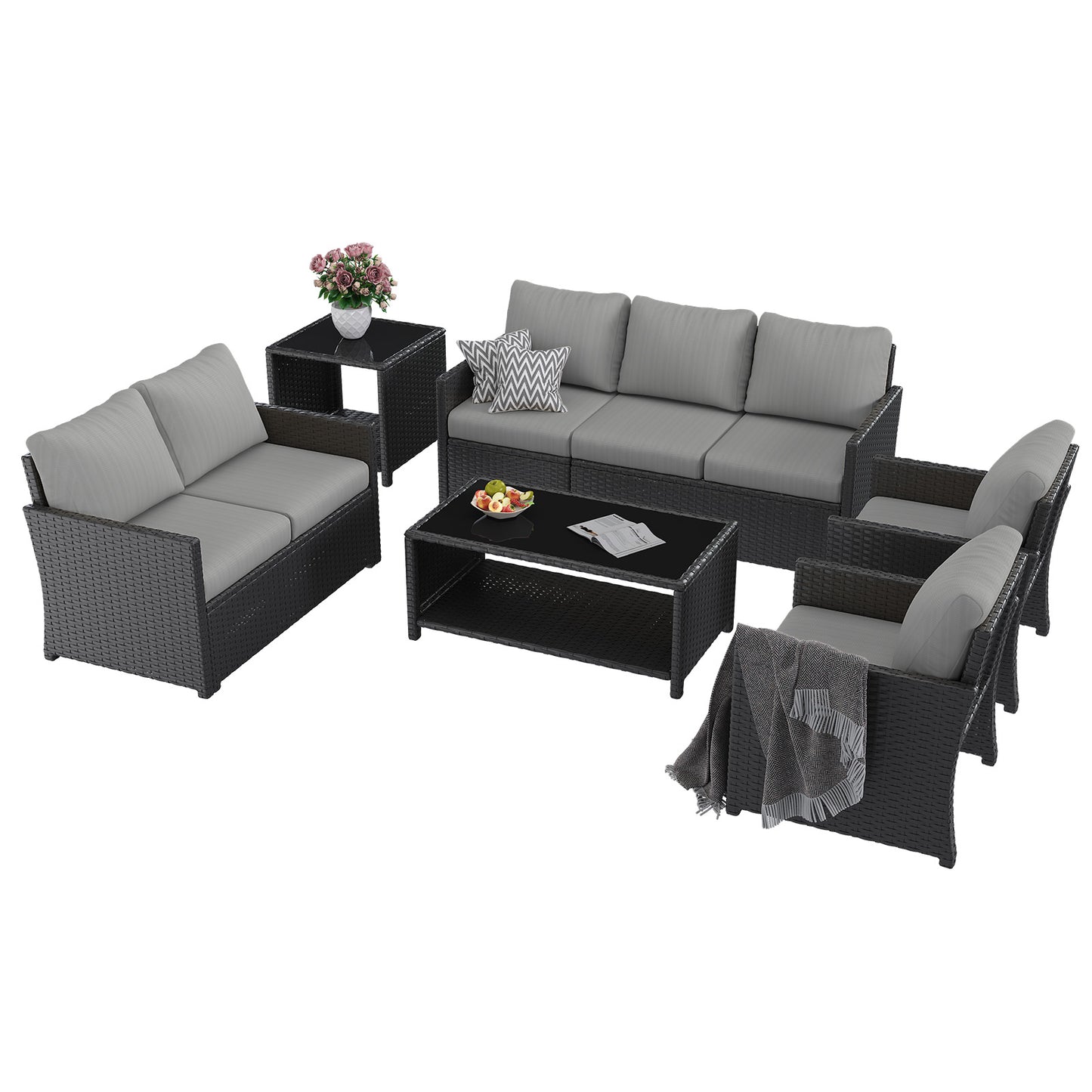 YODOLLA Patio Furniture Set with Two Table 7 PCS Outdoor Furniture, Black Ranttan Gray Cushion