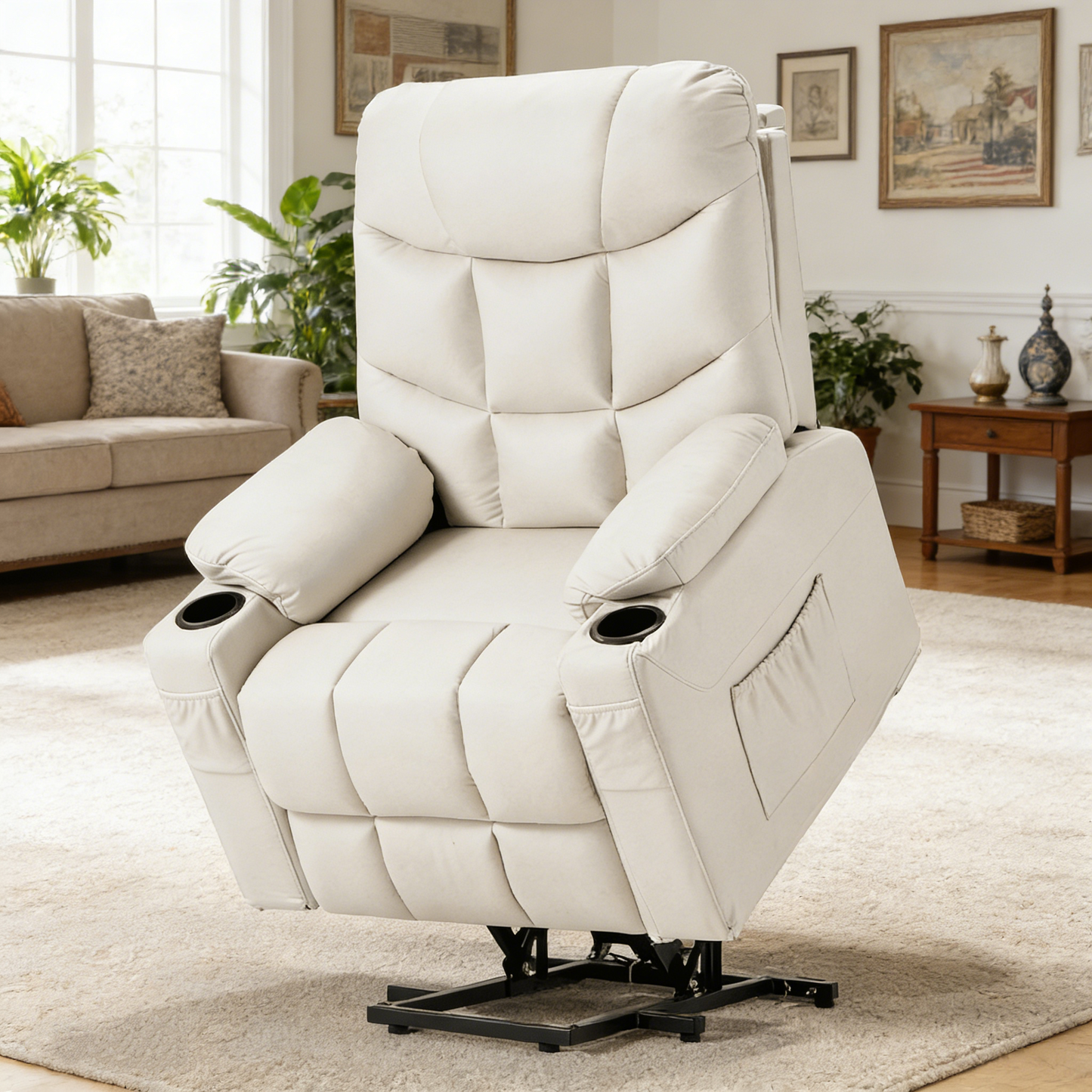 YODOLLA Massage Power Lift Recliner for Elderly, Faux Leather, Cream White