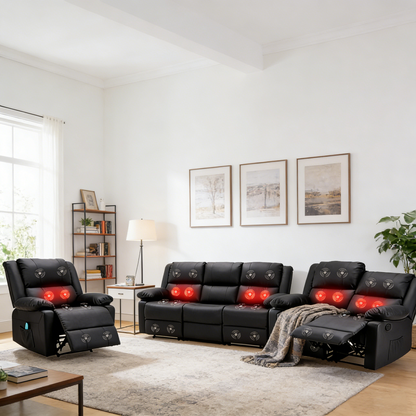 YODOLLA 3 PCS Recliner Sofa Set Overstuffed Leather Reclining Sofa, Black