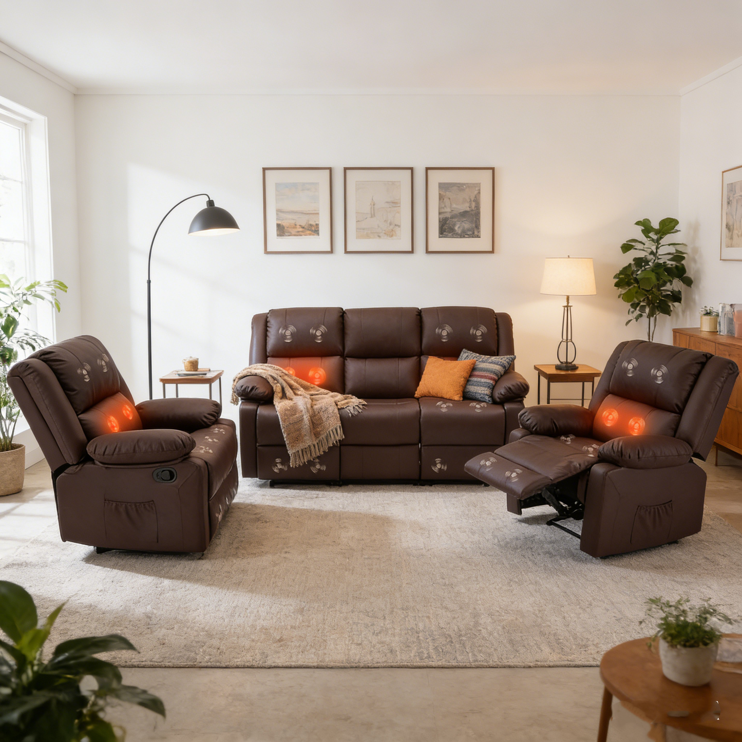 YODOLLA 3 PCS Recliner Sofa Set Overstuffed Leather Reclining Sofa, Brown