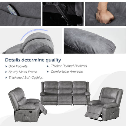YODOLLA 3 PCS Recliner Sofa Set Overstuffed Leather Reclining Sofa, Gray