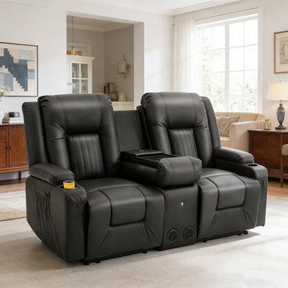 YODOLLA Faux Leather RV Loveseat w/ Console & USB, Black