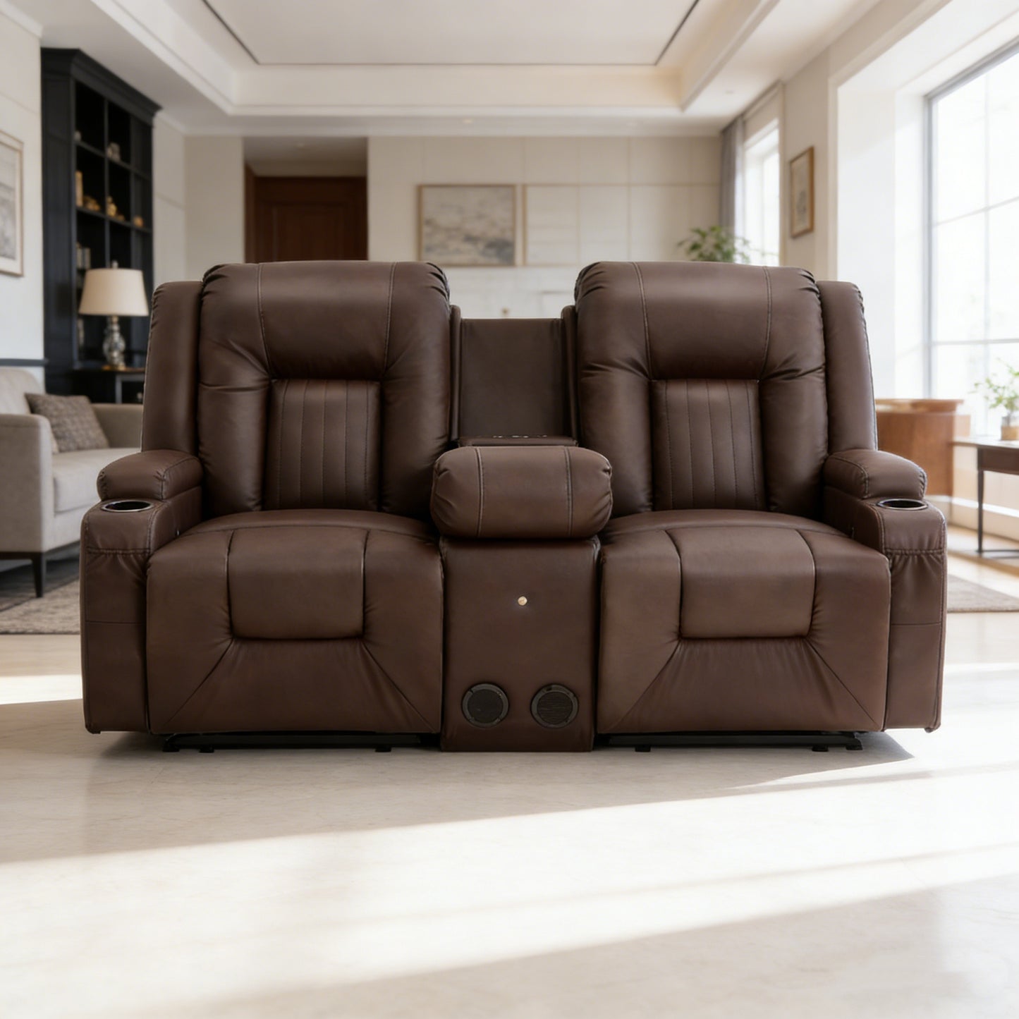 YODOLLA Faux Leather Recliner Sofa w/ Console, Brown