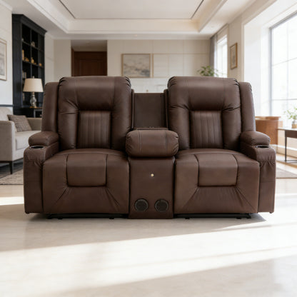 YODOLLA Faux Leather Recliner Sofa w/ Console, Brown