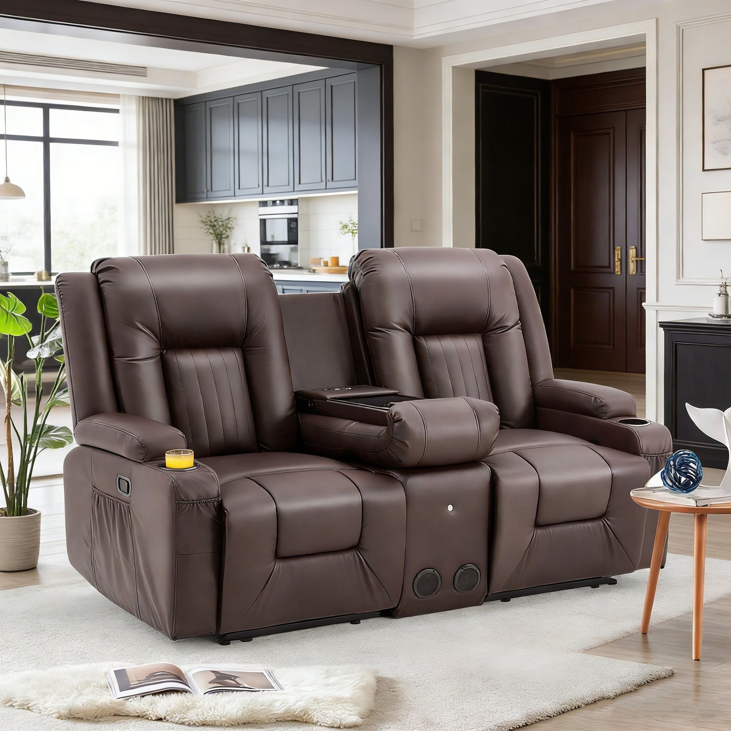YODOLLA Faux Leather Recliner Sofa w/ Console, Brown