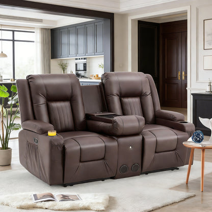 YODOLLA Faux Leather Recliner Sofa w/ Console, Brown