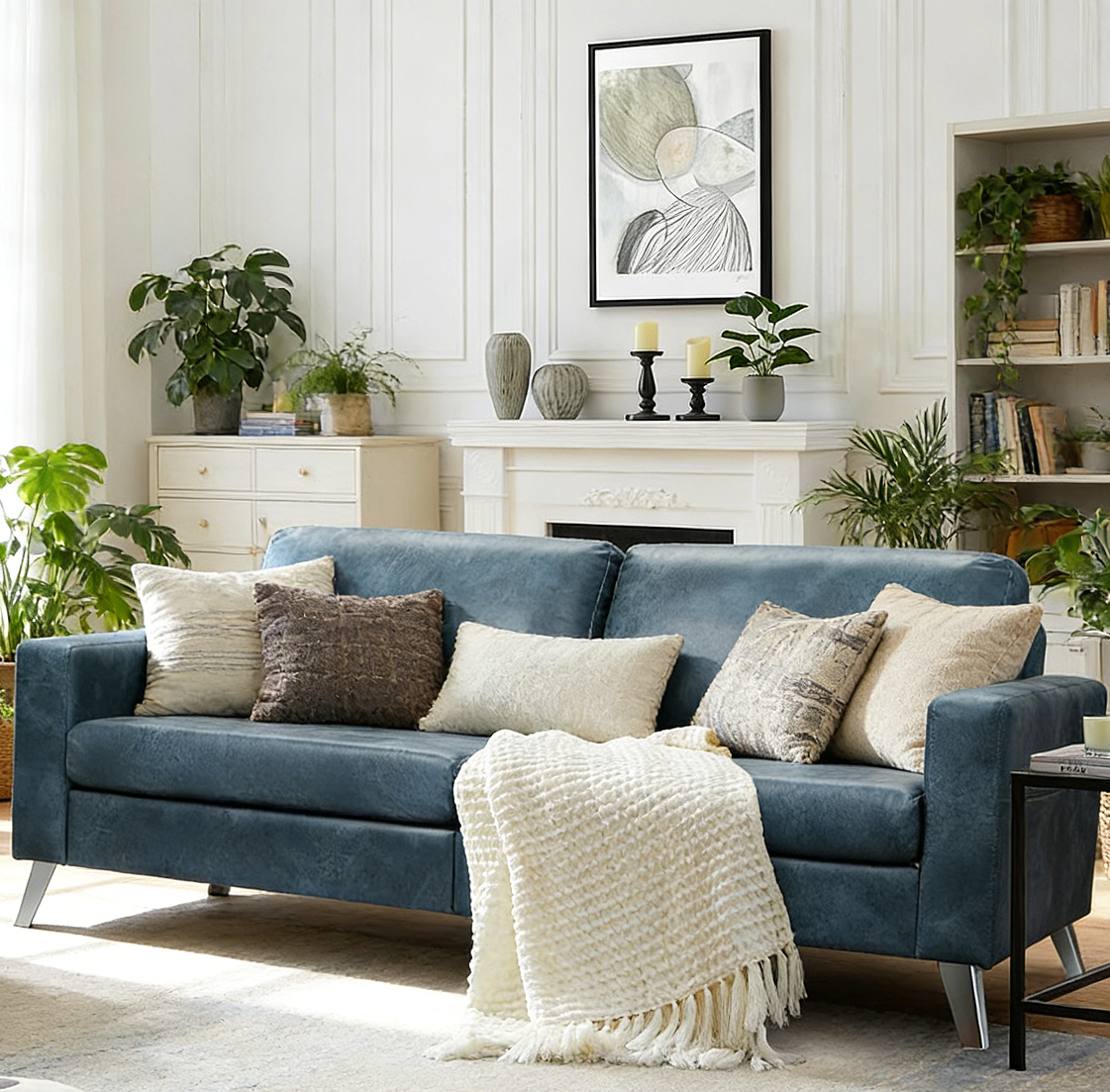 YODOLLA 79 Inch Sofa Couch for Living Room, Faux Leather, Saddle Blue