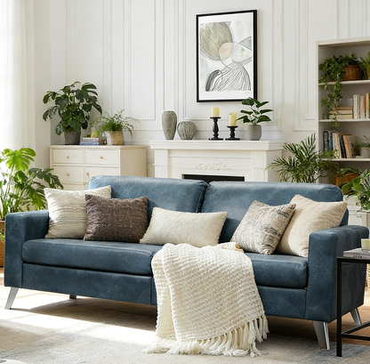 YODOLLA 79 Inch Sofa Couch for Living Room, Faux Leather, Saddle Blue