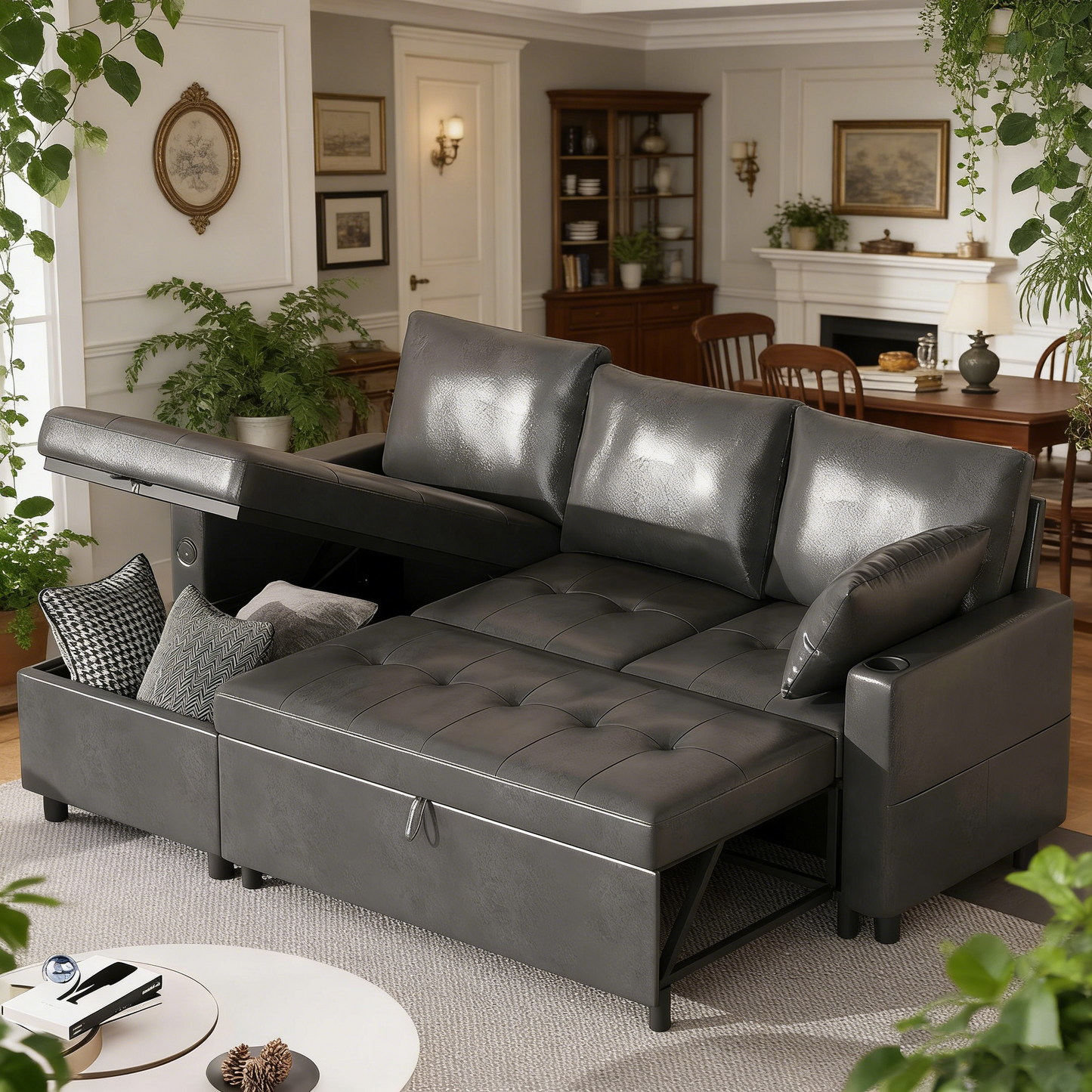 YODOLLA Faux Leather L-Shaped Sleeper Sofa, Pullout Bed, USB & Storage, Black