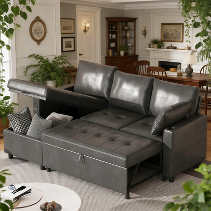 YODOLLA Faux Leather L-Shaped Sleeper Sofa, Pullout Bed, USB & Storage, Black