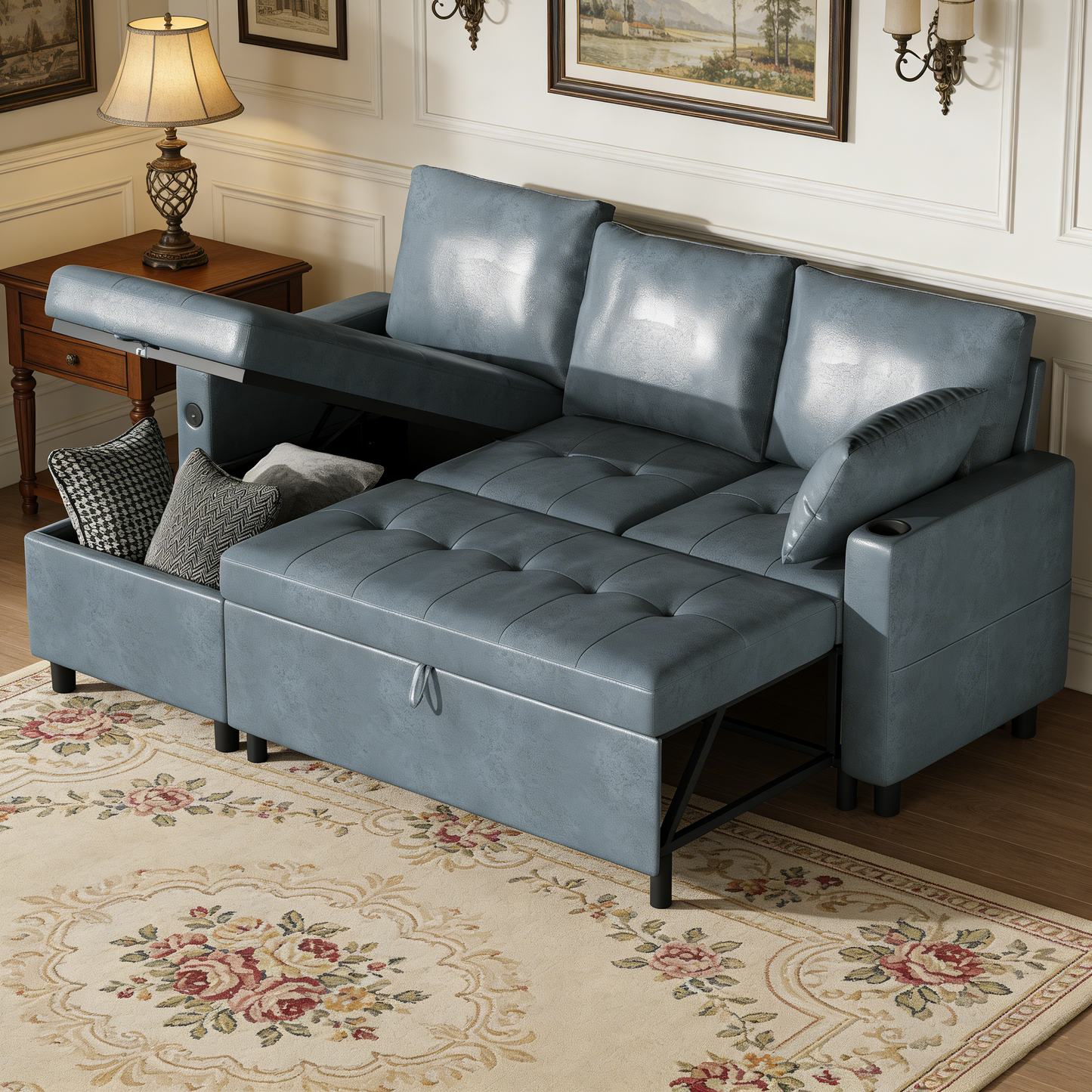 YODOLLA Faux Leather L-Shaped Sleeper Sofa, Pullout Bed, USB & Storage, Blue