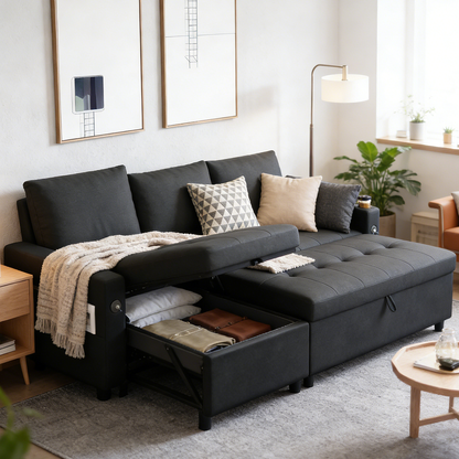 YODOLLA L-Shaped Sleeper Sofa, Pullout Bed, USB & Storage, Black