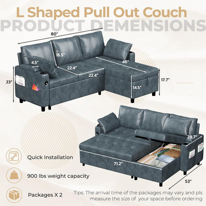 YODOLLA Faux Leather L-Shaped Sleeper Sofa, Pullout Bed, USB & Storage, Blue