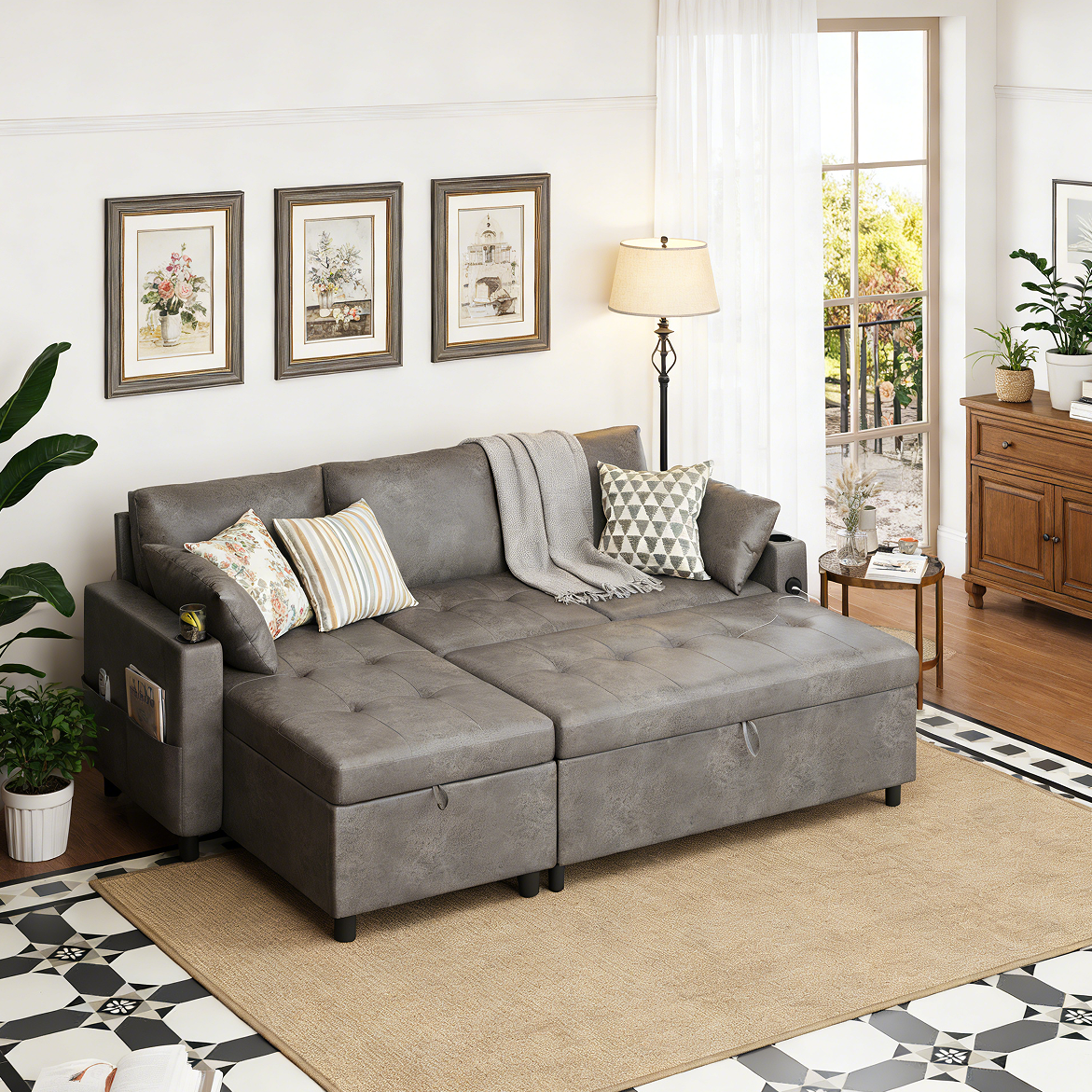 YODOLLA Faux Leather L-Shaped Sleeper Sofa, Pullout Bed, USB & Storage, Gray