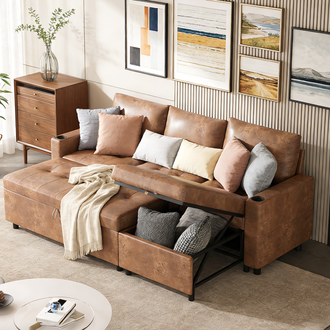 YODOLLA Faux Leather L-Shaped Sleeper Sofa, Pullout Bed, USB & Storage, Brown