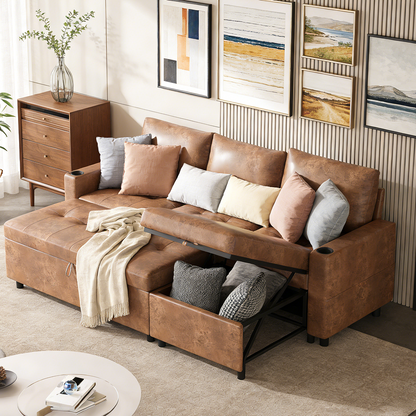 YODOLLA Faux Leather L-Shaped Sleeper Sofa, Pullout Bed, USB & Storage, Brown