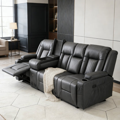 YODOLLA Faux Leather Recliner Sofa w/ 2 Consoles, Black