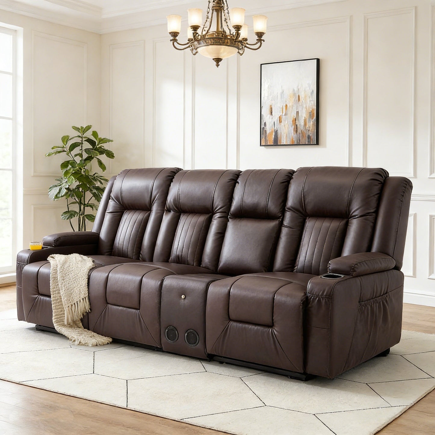 YODOLLA Faux Leather Recliner Sofa w/ Console, Brown