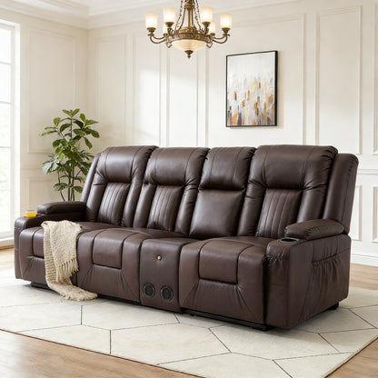 YODOLLA Faux Leather Recliner Sofa w/ Console, Brown