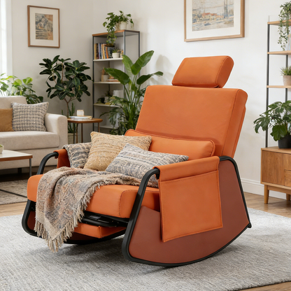 YODOLLA Retractable Gliding Rocking Chair, Orange Leather