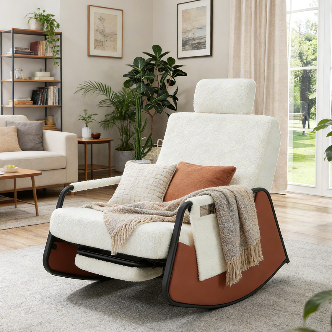 YODOLLA Retractable Gliding Rocking Chair, White Teddy Velvet Farbic