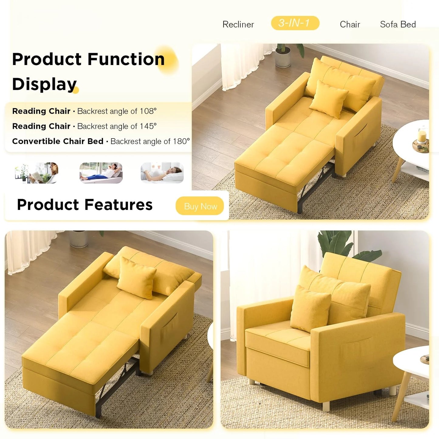 YODOLLA 3 in 1 Chair Bed Sleeper for Adults, Yellow