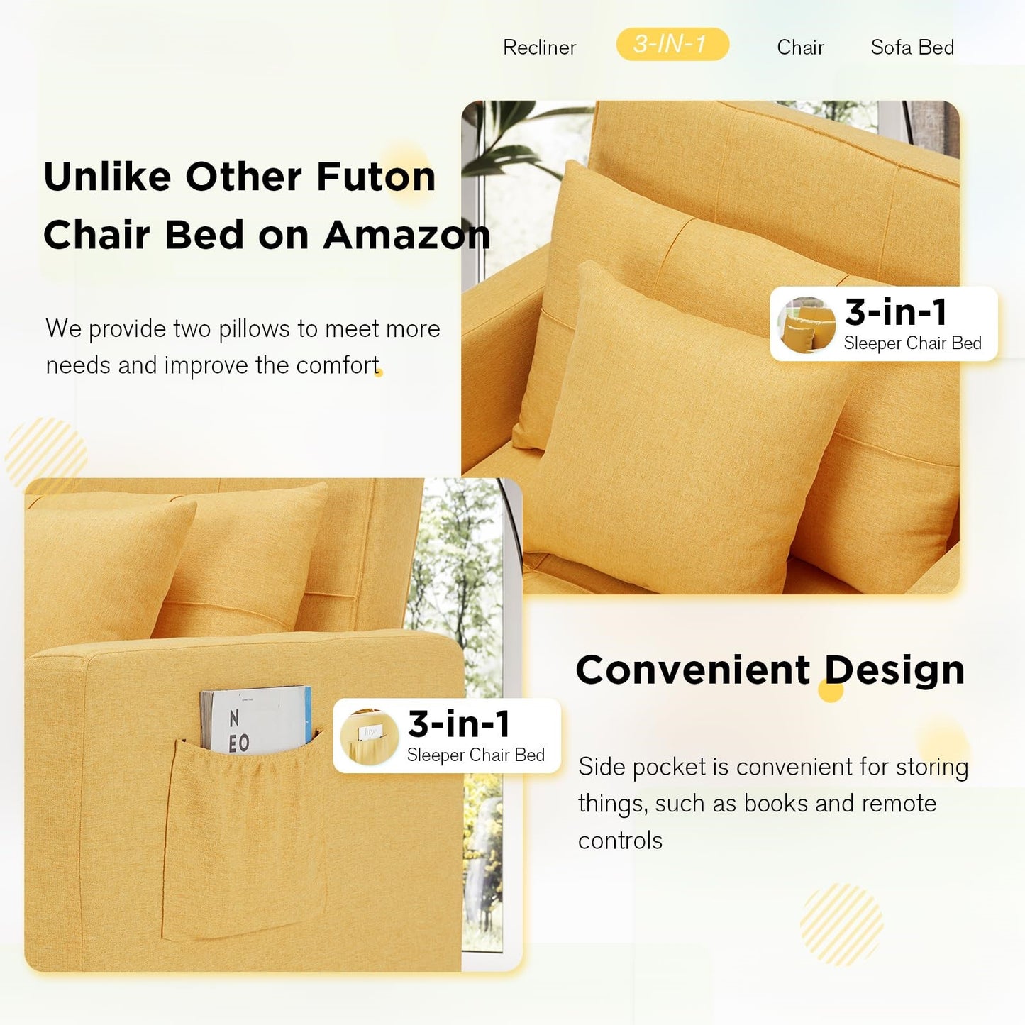 YODOLLA 3 in 1 Chair Bed Sleeper for Adults, Yellow