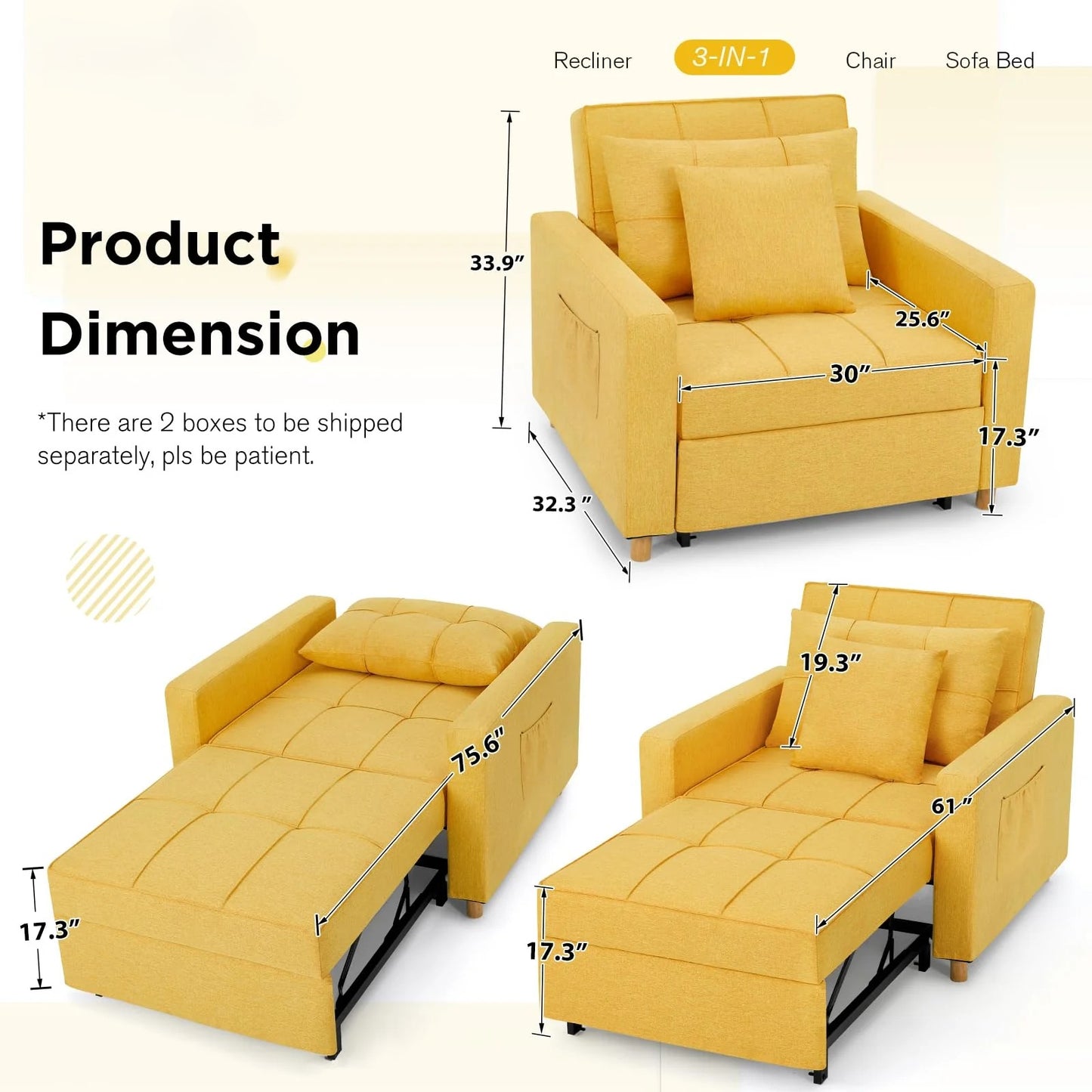 YODOLLA 3 in 1 Chair Bed Sleeper for Adults, Yellow