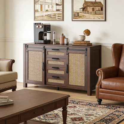 YODOLLA Farmhouse Sideboard Buffet Cabinet with Storage, Rattan Kitchen Cabinet w/Sliding Barn Doors & 4 Drawers