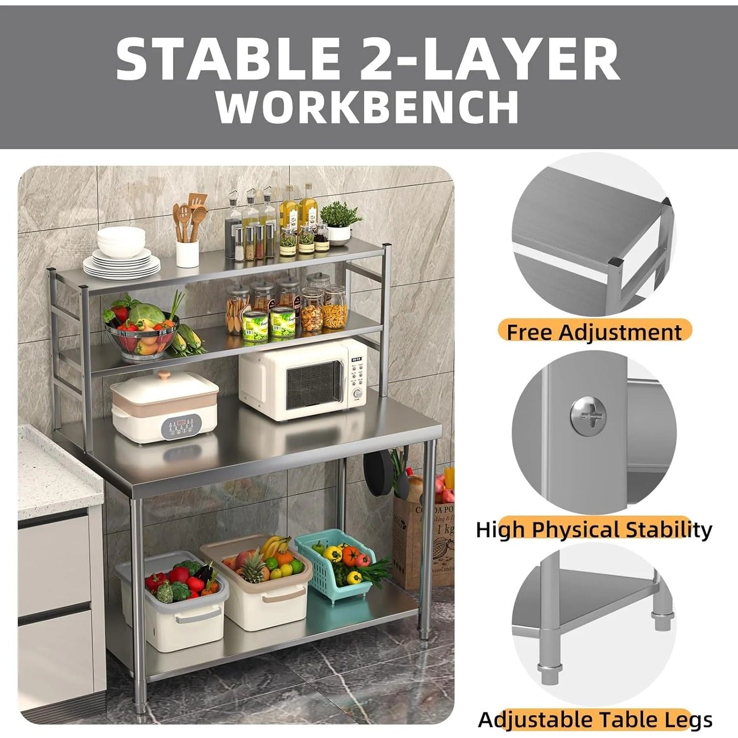 YODOLLA Stainless Steel Table with Overshelves