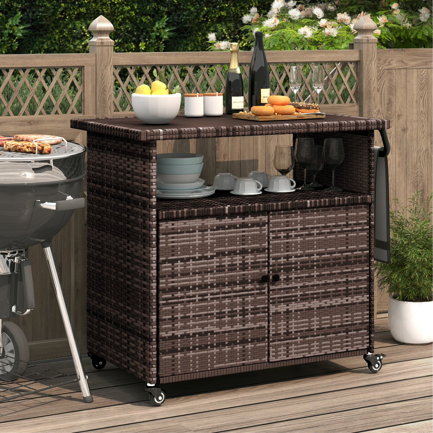 YODOLLA Outdoor Bar Cart, Patio Storage Grill Cart with Handles, Brown