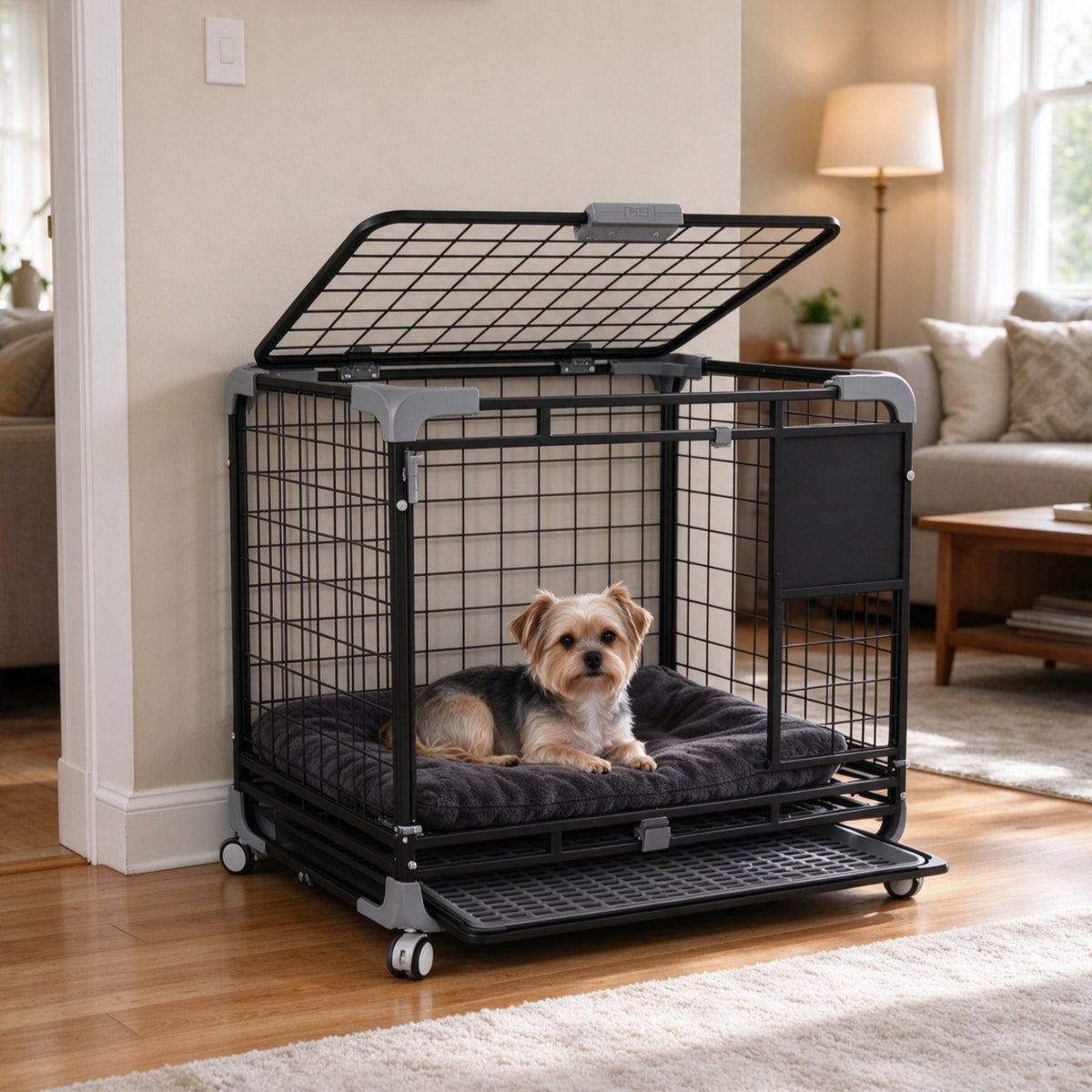 YODOLLA  24" Metal Wire Dog Crate for Small Dogs with Wheels, Black