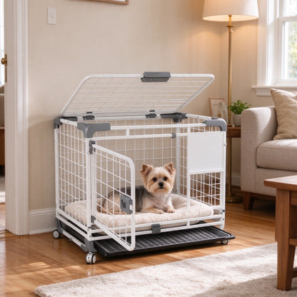 YODOLLA 24" Metal Wire Dog Crate for Small Dogs with Wheels, White
