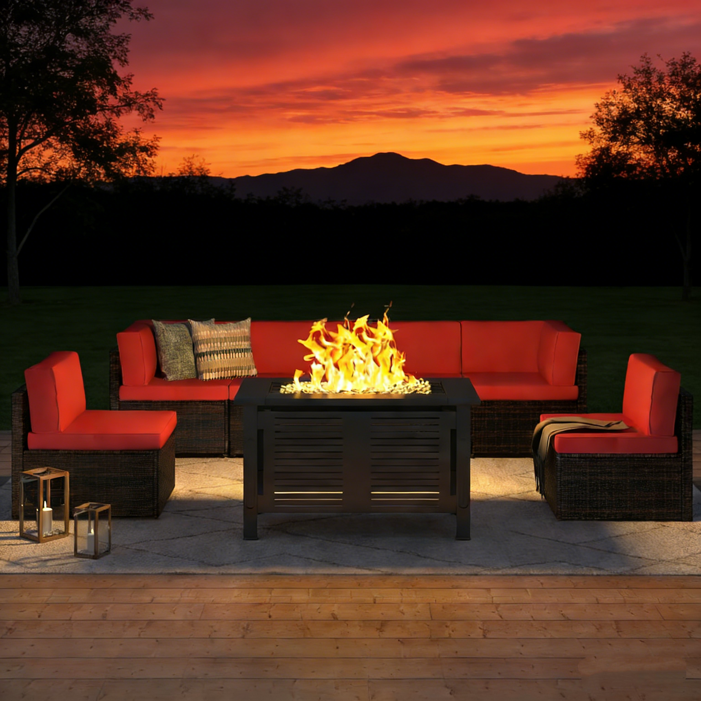YODOLLA 7 Piece Outdoor Patio Furniture Set with Extra 43'' Fire Pit Table, Brown Rattan & Red Cushion