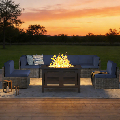 YODOLLA 7 Piece Outdoor Patio Furniture Set with Extra 43'' Fire Pit Table, Gray Rattan & Navy Cushion